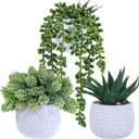 Winlyn 3 Pcs Assorted Small Potted Succulent Plants Artificial Aloe Hanging Succulent in White Geometric Concrete Ceramic Pots for Gift Party Wedding Favors Windowsill Table Shelf Indoor Outdoor Decor
