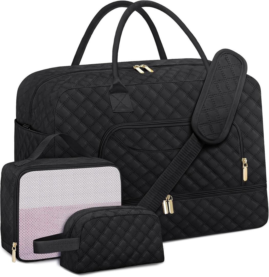 Extra Large Travel Duffle Bag, Weekender Bag for Women with Shoe Compartment, Personal Item Travel Gym Bag with Wet Pocket, Carry on Overnight Bag for Airplanes Hospital Black