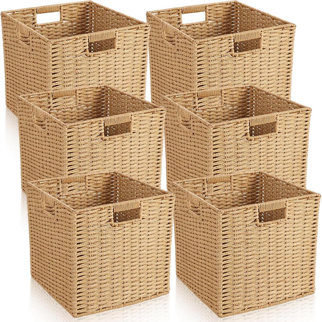 Newtay 6 Pcs Wicker Storage Baskets 11.8 x 11.8 in Cube Storage Bin Organizer Camel Square Foldable Wicker Baskets for Shelves Organizing Decor Laundry Pantry Toys
