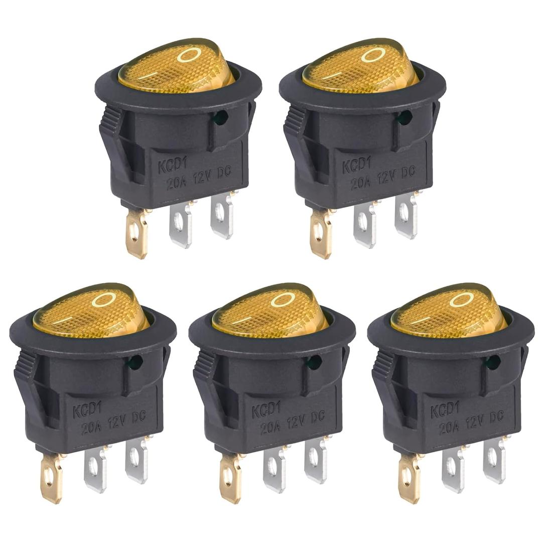 2 x VEXUNGA Round Rocker Switch 12V 20A Yellow Light Iluminated Small Rocker Switch On Off 3 Pin Circle Square Toggles Switches for RV Car Truck Boat (Pack of 5pcs)