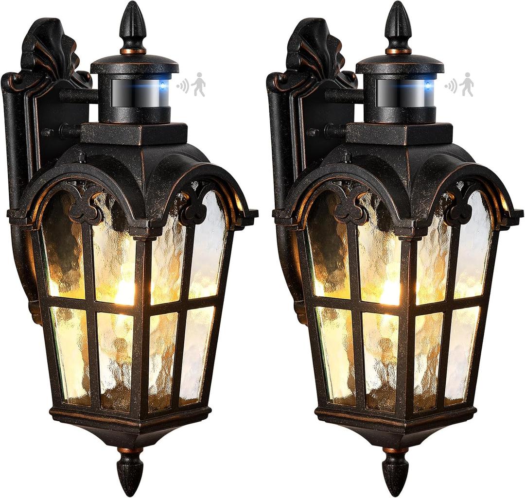 VIANIS 16.4" Outdoor Motion Sensor Light, 2 Pack Vintage ORB Porch Lights Outdoor Lantern, Dusk to Dawn Outside Light Fixtures Wall Mount, Aluminum Exterior Lighting Fixtures for House, Garden, Patio