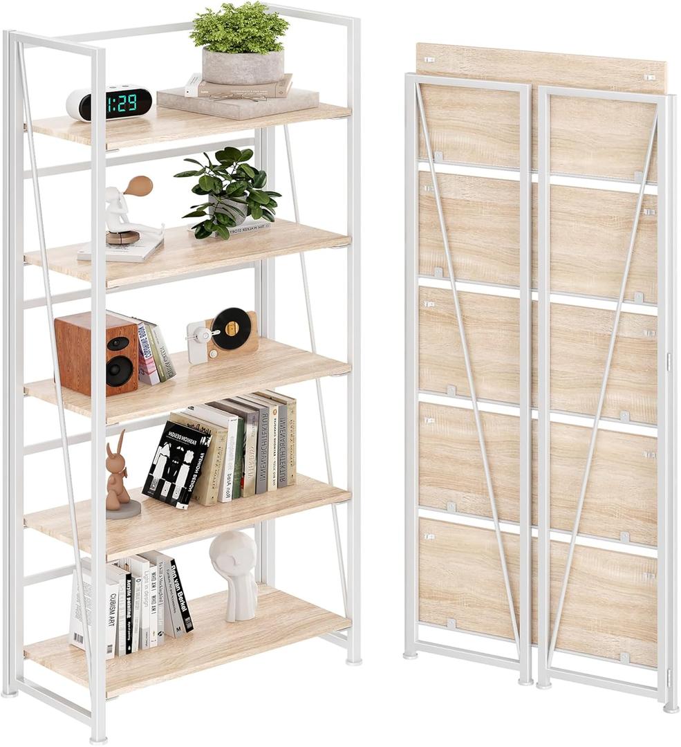 Vintage Multifunctional Folding Bookshelf, No-Assembly Plant Stand Storage Rack Shelves for Home Office (White, 5-Tier)