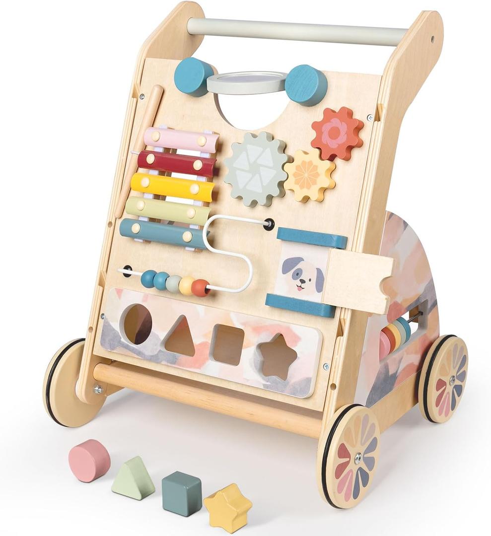 Wooden Baby Walker, Detachable Activity Busy Board, Baby Walking Toys Push Walkers for Babies 6-12 Months