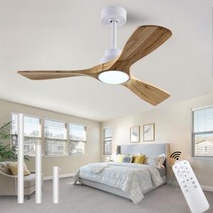 QUTWOB 42" Wood Ceiling Fan with Lights Remote Control,Quiet DC Motor 3 Blade Ceiling Fans for Patio Living Room, Bedroom, Office,Indoor Outdoor(Raw wood+White)