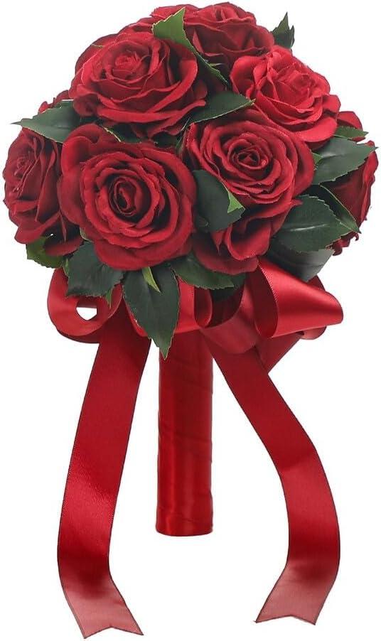 Wedding Bouquet Bride Flower Bridal Bouquets, Ribbon Artificial Rose Wedding Bouquets for Bride Bridesmaid Bouquet Dark Red Rose Bouquet Bride Bridesmaid Holding Flower for Wedding Decor (Burgundy)