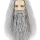 Topcosplay Men Wigs and Beard Set Long Gray Cosplay Halloween Costume Party Wizard Wig