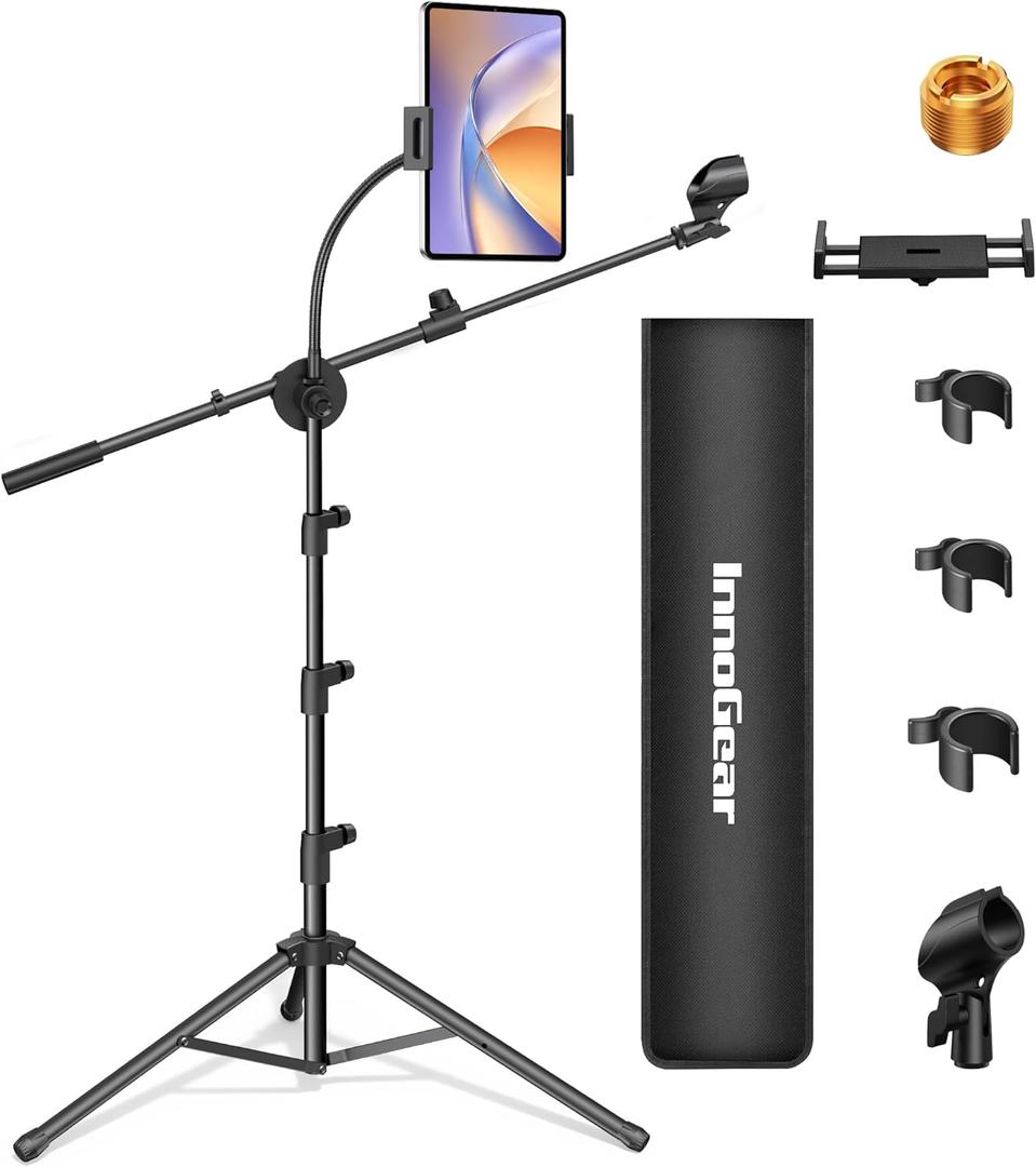 InnoGear Mic Stand, 6 in 1 Microphone Stand Floor with Tablet Phone Holder Height Adjustable from 30" to 72" Mic Stand Tripod Boom Arm with Gooseneck Carrying Bag for Singing Karaoke Stage