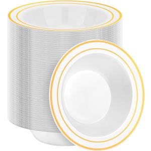 BESTSTAR 200 Pack Disposable Soup Bowls with Gold Rim, 12oz Premium Heavy Duty Plastic Dinner Bowls for Party, Wedding and Holiday