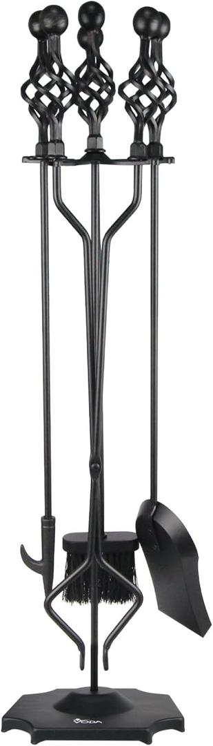 VODA Fireplace Tools Set, 5-Piece Cast Iron 33" Fire Place Set Tools Indoor Fireside Accessories Large Fire Place Tool Set Outdoor Holder Fire Kit with Poker Shovel Tongs Brush, Stand