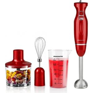 OVENTE Immersion Hand Blender Set, 300W Electric Handheld Stick Mixer, 2 Mixing Speeds with Stainless Steel Blades, Egg Whisk, Beaker & BPA-Free Food Chopper, Red HS565R