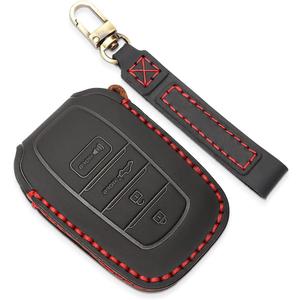 INTGET for 2022-2024 2025 Toyota Tundra Key Fob Cover, for 2023 2024 2025 Sequoia Key Fob Case, for Camry 2025 Leather Key Cover, for 2024 Grand Highlander, for 2024 Tacoma (Black Leather Red Thread)