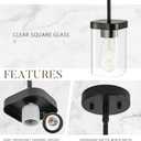 Modern Pendant Light Fixtures 2-Pack, Matte Black Pendant Lights Kitchen Island with Square Transparent Glass, Glass Pendant Light for Dining Room, Bedroom, Living Room, Farmhouse