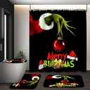 BIVIPO Christmas Bathroom Set 4-Piece, Holiday Shower Curtain with Hooks, Non-Slip Bath Mat, Toilet Lid Cover & U-Shaped Rug, Festive Bathroom Decor, 72x72 Inches