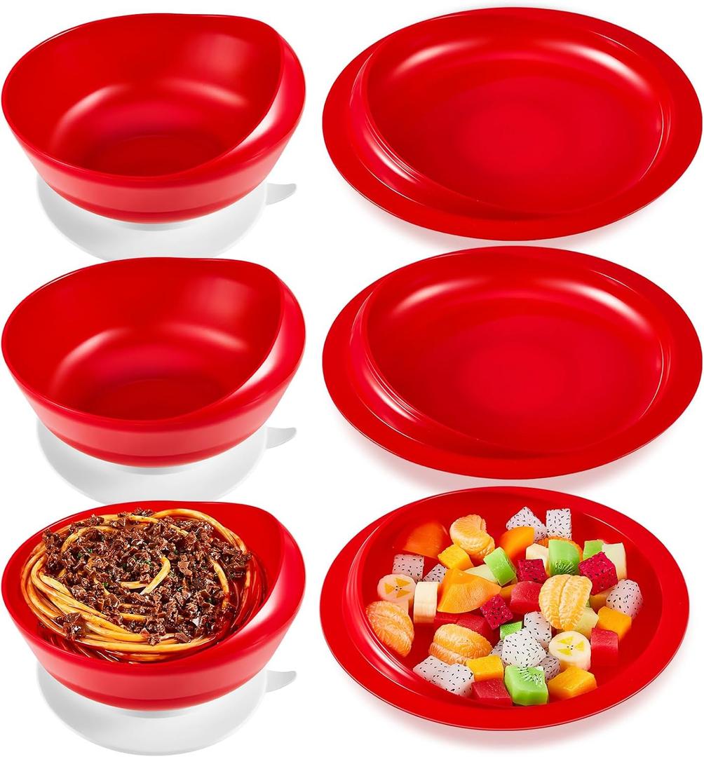 Hushee Spill Proof Scoop Bowl and Plate Set with Suction Base Adaptive Non Skid Self Feed Dinnerware for Elderly Disabled Handicapped from Parkinsons, Dementia, Stroke, Tremor(3 Sets,Red)