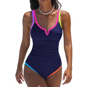 popvil One Piece Swimsuits Women 2026 Tummy Control - Modest Bathing Suit Shapewear Swimwear Retro Neon Swim Suit (Blue, L)