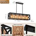 Boho Island Light Fixture, 5-Light Rattan Kitchen Chandelier, Farmhouse Woven Large Coastal Wicker Wood Bamboo Bohemian Rustic Rectangle Black Linear Pendant Lights Over Table for Kitchen Island, 31.5" x 7.9" x 7.9"