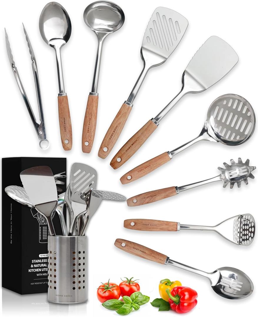 Home Hero Stainless Steel Kitchen Utensils Set - Wood Handle Nonstick Stainless Steel Cooking Utensils Set - Heat Resistant Kitchen Essentials & Metal Kitchen Gadgets (Silver & Wood) (10 Pieces Set)