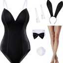 Women Velvet Bunny Costume Bunny Girl Suit Costume Senpai Cosplay One Piece Bodysuit Stockings Set (Large, Black)