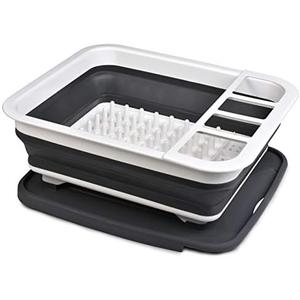 Masirs Pop-Up Collapsible Dish Drying Rack: Convenient Storage, Drains into Sink, Eight Large Plate Capacity, Sectional Cutlery and Utensil Compartment. Compact and Portable Design.