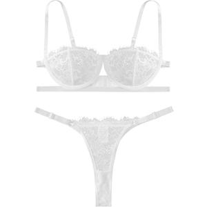 Lilosy Sexy Eyelash Underwire Floral Lace Sheer O Ring Linked Cutout Lingerie Set 2 Piece (White), Medium