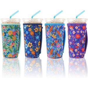 4 Pack Iced Coffee Sleeve,reusable Neoprene Cup Sleeves Suitable For Beverage Sleeves For Hot And Cold Coffee Or Ice Drink Coffee cup sleeve for Starbucks coffee cup (flowers 30-32 OZ)
