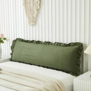 Shabby Chic Olive Green Body Pillow Cover - 20x54in Long Pillowcase with Ruffled Fringe Decor