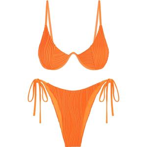 ZAFUL Women's Textured Underwire Bikini Set V Notch High Cut Swimwear Tie Side Ribbed Sexy Swimsuits (Orange, L)