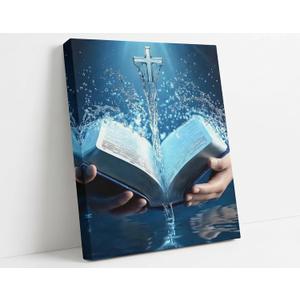 Holy Water Canvas Wall Art Inspirational Bible Book Wall Decor Picture Christian Cross Poster Print Painting for Living Room Bedroom Hallway Church Home Decoration Prepare To Hang, 36"L x 24"W-Canvas
