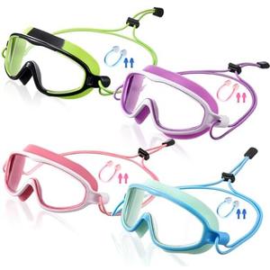Hollowfly 4 Pcs Kids Swim Anti Fog Goggles Quick Adjust No Leaking Waterproof Wide Vision Glasses with Nose Clips Ear Plugs