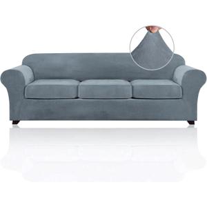 PrinceDeco Velvet XL Couch Cover for Oversized Sofa 4 Piece Sofa Covers for 3 Cushion Couch Washable Furniture Protector with Non Slip Elastic Bottom Width Up to 97 Inch(X-Large, Stone Blue)