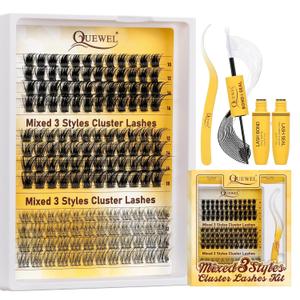 QUEWEL Lash Clusters Kit Multi-type Mixed Eyelash Clusters 176Pcs with Lash Bond and Seal, Cluster Lashes Tweezers, DIY Lash Extensions Kit can Create Kinds of Effects for personal(QU23+QU24+QU25 Kit)