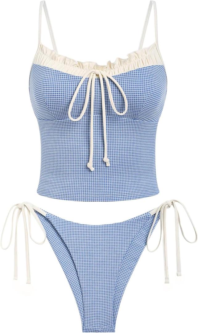 ZAFUL Tankini Swimsuits for Women Tie Front Tummy Control Spliced Ruffles Bikini Sets Two Piece Bathing Suits (Large, 1-blue)
