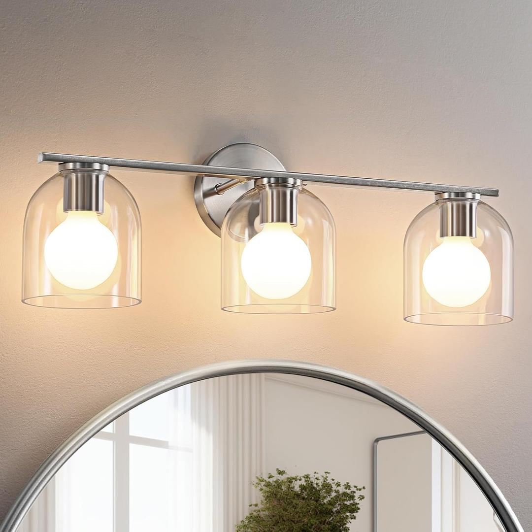 WOSHITU Bathroom Vanity Light Fixtures: 23.3 Inch Modern Brushed Nickel Bathroom Vanity Lights Over Mirror with Clear Glass Shade, 3-Light Farmhouse Vanity Lights Fixture