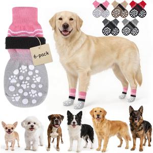 BINGPET 6PCS Dog Socks to Prevent Licking Paws with Grippers for Hardwood Floors Anti Slip, Winter Pet Shoes Booties, Extra-Thick Grip Dog Boots & Paw Protectors for Small Medium Large Senior Dogs, L