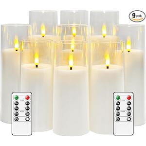 kakoya Flickering Flameless Candles Battery Operated with Remote and 2/4/6/8 H Timer Plexiglass Led Pillar Candles Pack of 9 (D2.3"xH 5"6"7")with Realistic Moving Wick Candles for Home Decor(White)