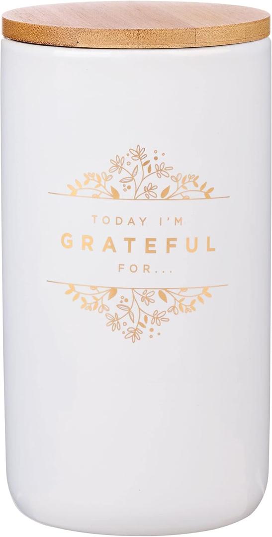 Christian Art Gifts Keepsake Count Your Blessings Gratitude Jar Set w/Bible Verse Note Cards, Today I'm Grateful For, White Ceramic with Gold