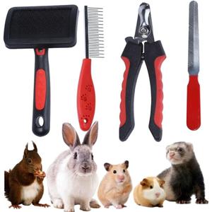 Rabbit Professional Nail Clippers Grooming Kit with Pet Shedding Slicker Brush, Pet Grooming Comb, Nail Clipper Trimmer for Rabbit, Puppy, Kitten, Guinea Pig, Hamster, Ferret (4PCS)