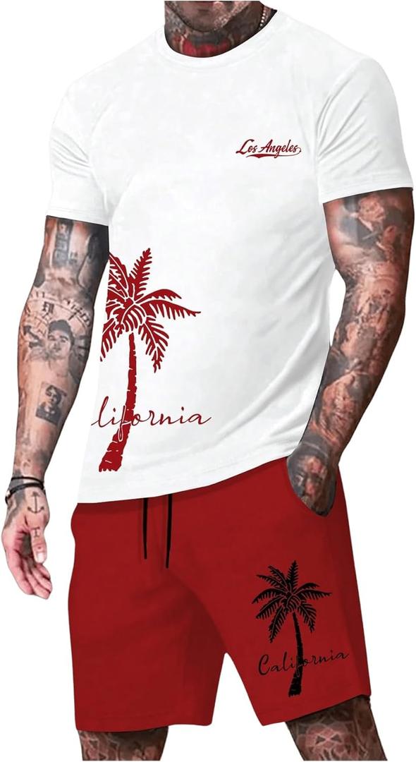 Men's 2 Pieces Outfit Short Sleeve Hawaiian Print Tee and Graphic Drawstring Waist Shorts Sets (White and Red, S)