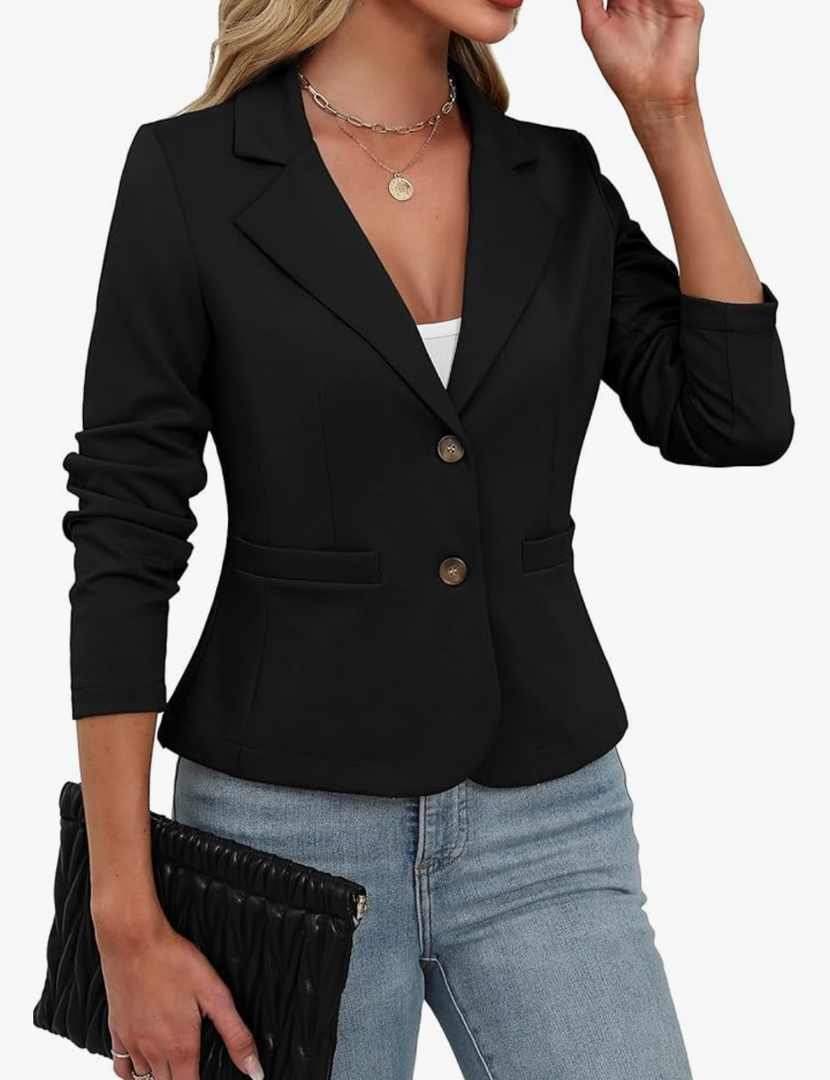 ELLEVEN Women's Casual Stretchy Knit Blazer,Lightweight Slim Fit Jackets Long Sleeve Business Suit with Pockets, Small