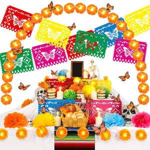 Newwiee 56 Pcs Day of The Dead Altar Decorations Kit Disposable Tablecloth Marigold Garland with LED Monarch Butterfly Papel Picado Banner LED Candle Paper Flower for Dia De Muertos (Colorful, White)