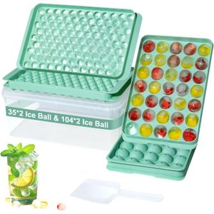 4 Pack Round Ice Cube Tray Set with Lid and Bin, 2 x 35-Ball and 2 x 104-Ball BPA-Free Small Ice Trays for Freezer, Stackable Easy-Release Mini Ice Ball Molds for Cocktails, Whiskey, Coffee