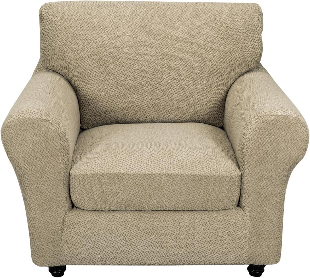 FUANGUI 2 Piece Chair Covers Stretch Arm Covers Chair Couch Covers, Armchair Slipcover with Separate Chair Cushion Cover, Floral Washable Chair Protector for Living Room (Armchair, Khaki) (Small)