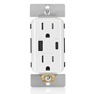 Leviton 60W (20V@2.5A+ 5V@2A) USB Dual Type A/Type-C Power Delivery in-Wall Charger with 15A Tamper-Resistant Outlet, USB Charger for Smartphones, Tablets, Laptops, T5634-W, White