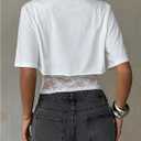 SHENHE Women's Sheer Lace Patchwork Crew Neck Short Sleeve Crop Tops (M)