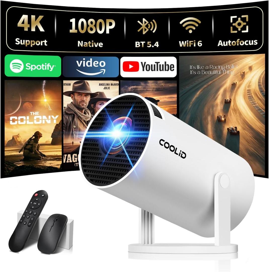 Built-in Apps & 2026 Upgraded] Mini Projector Support 4K 1080P Auto Keystone 180 Rotatable with WiFi 6 and Bluetooth 5.4, Projector Portable Compatibile with HDMI/TV Stick/Memory Stick/Laptop-White