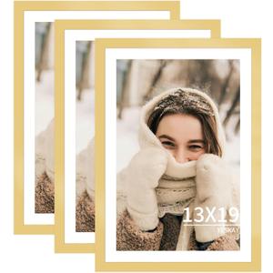YESKAY 13x19 Picture Frame 3 Pack - Gold Poster Frame Display Pictures 11x17 with Mat or 13 x 19 Without Mat for Wall Hanging Horizontal and Vertical