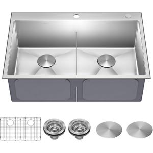 KRAUS Standart PRO 33-inch Drop In/Undermount 16 Gauge Double Bowl 2-Hole Stainless Steel Kitchen Sink, KHT302-33