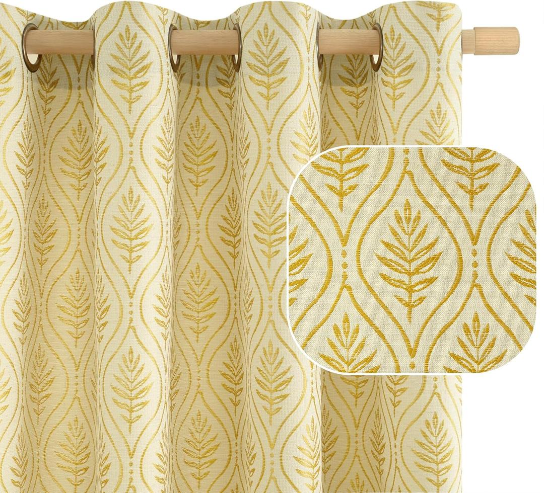 BGment Mustard Yellow Linen Curtains for Living Room, French Country Leaf Jacquard Botanical Pattern Cottage Core Boho Vintage Light Filtering Semi Sheer Linen Curtains, 2 Panels, 52 x 84 Inch