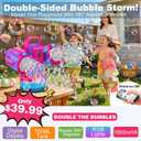 Rechargeable Bubble Machine with RGB Lights: 30,000 Bubbles/Min Storm, Auto 360 Rotation, Battery% Display - Remote Control Bubble Maker for Romantic Wedding, Kids Party & Outdoor Events