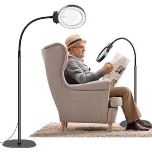 10X 30X Floor Magnifying Glass with Light and Stand,36 LED Flexible Gooseneck Floor Magnifying Lamp, Adjustable Brightness Large Lighted Magnifiers for Reading,Sewing,Crafts,Painting,DIY,Close Work (Black)